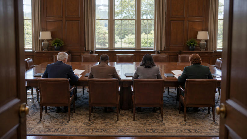 Synthetic editorial illustration. A traditional boardroom. Four trustees seen from behind review papers at a long wooden table, with empty leather chairs opposite and daylight through tall windows.