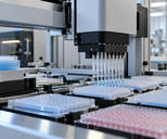 Synthetic editorial illustration. A laboratory contains an automated pipetting machine above clear multiwell plates. Rows of transparent tips and pale blue and pink liquids fill the foreground, with a rear-facing lab worker blurred behind.