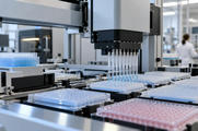 Synthetic editorial illustration. A laboratory contains an automated pipetting machine above clear multiwell plates. Rows of transparent tips and pale blue and pink liquids fill the foreground, with a rear-facing lab worker blurred behind.