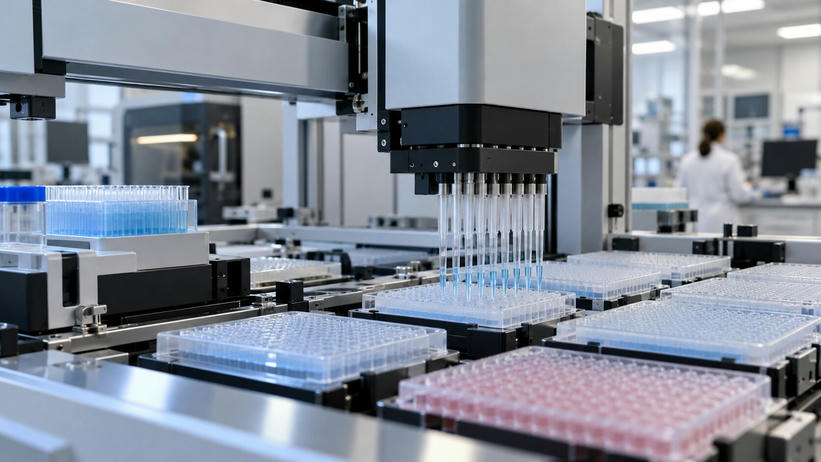 Synthetic editorial illustration. A laboratory contains an automated pipetting machine above clear multiwell plates. Rows of transparent tips and pale blue and pink liquids fill the foreground, with a rear-facing lab worker blurred behind.