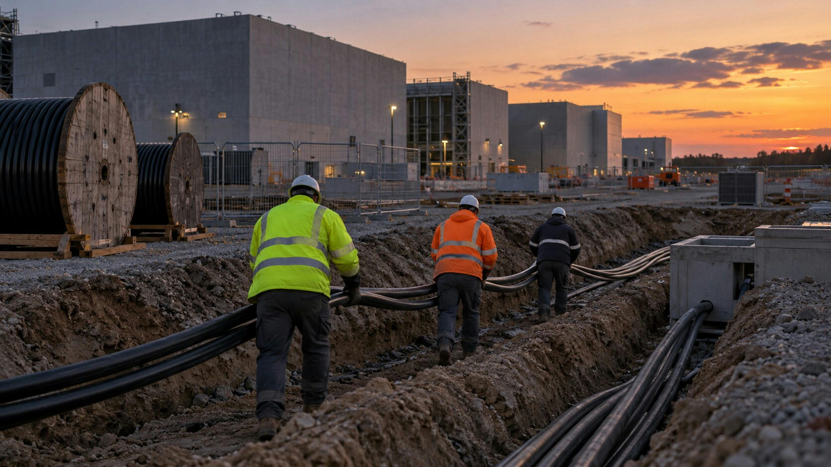 Synthetic editorial illustration. A data-centre construction site. Three workers viewed from behind pull thick power cables along an open trench beside cable reels and unfinished concrete halls at dusk.