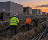 Synthetic editorial illustration. A data-centre construction site. Three workers viewed from behind pull thick power cables along an open trench beside cable reels and unfinished concrete halls at dusk.