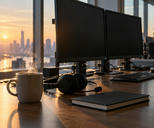 Synthetic editorial illustration. Steam rises from a plain coffee mug beside a headset and closed dark notebook on a working desk. Switched-off monitors stand against a warmly lit city window.
