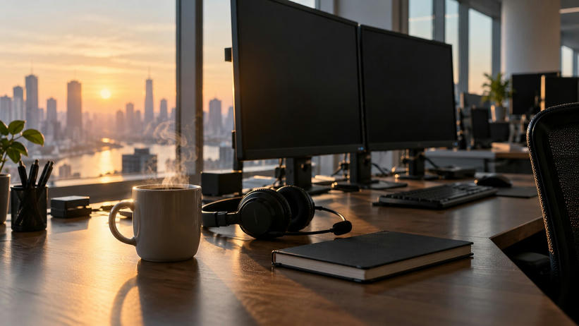 Synthetic editorial illustration. Steam rises from a plain coffee mug beside a headset and closed dark notebook on a working desk. Switched-off monitors stand against a warmly lit city window.