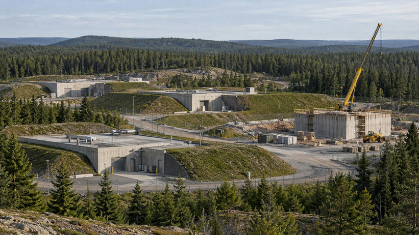 Synthetic editorial illustration. A forested industrial compound. Low concrete buildings sit between grassy earth berms, while a crane rises beside a new concrete structure and pine trees surround the site.