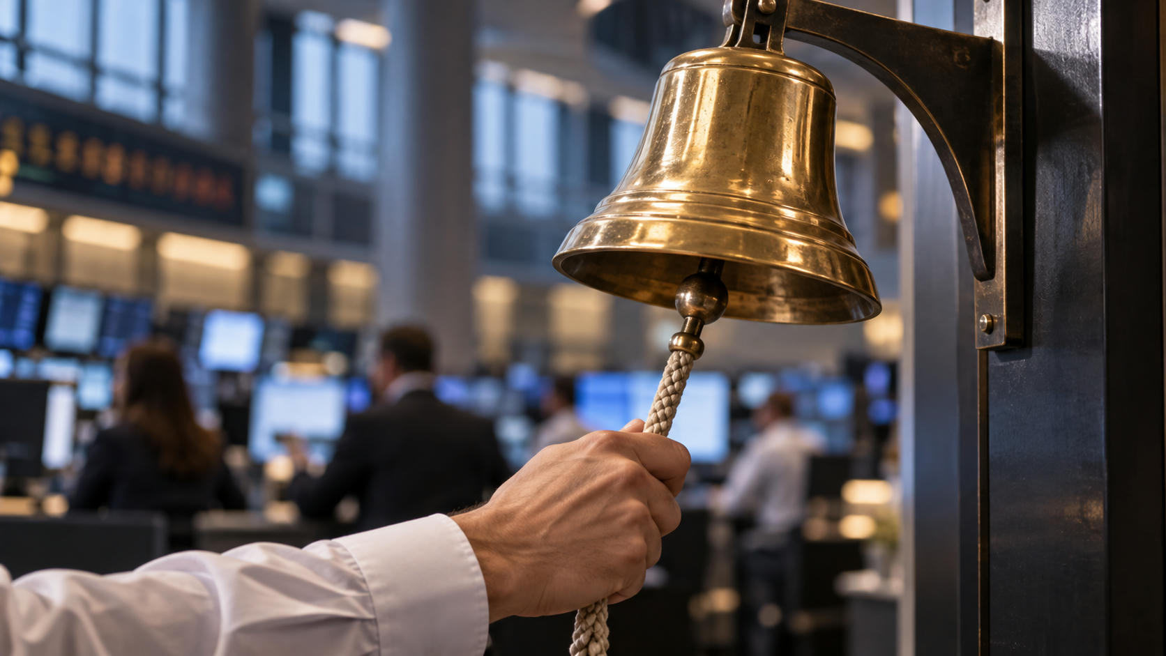 Synthetic editorial illustration. A business-shirted adult hand pulls the hanging clapper cord of a mounted brass bell, with a softly defocused occupied business floor behind it.