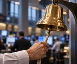 Synthetic editorial illustration. A business-shirted adult hand pulls the hanging clapper cord of a mounted brass bell, with a softly defocused occupied business floor behind it.