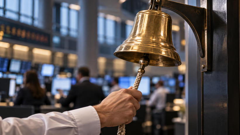 Synthetic editorial illustration. A business-shirted adult hand pulls the hanging clapper cord of a mounted brass bell, with a softly defocused occupied business floor behind it.