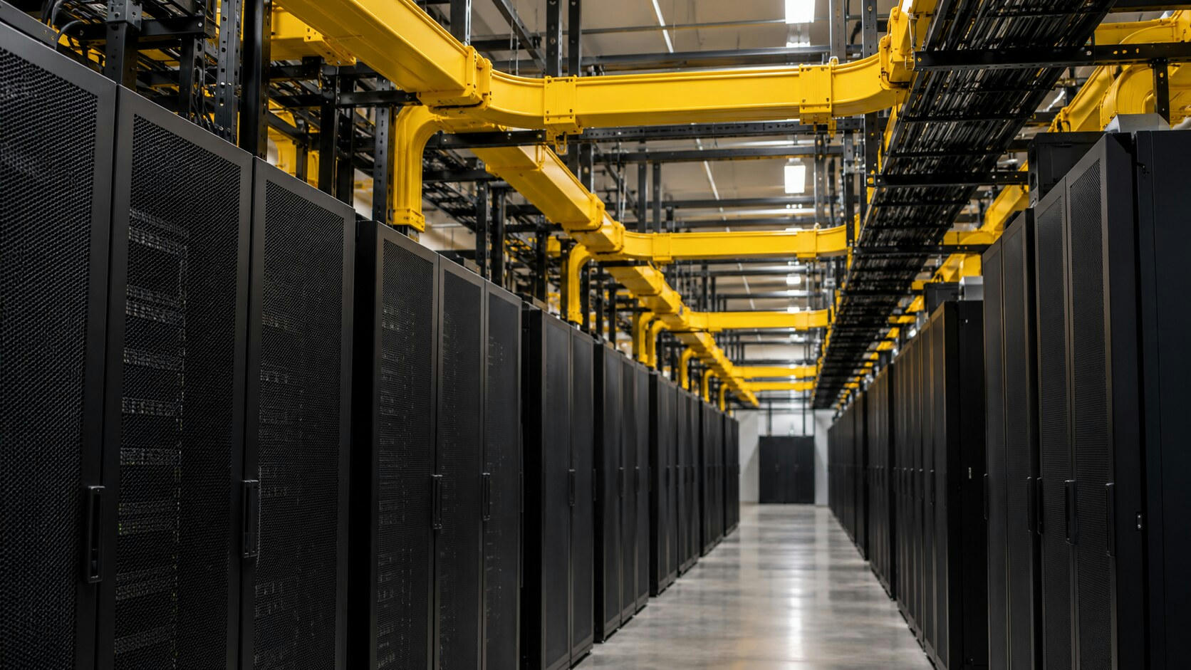 Synthetic editorial illustration. A data-centre hall has yellow fibre ducts and black cable trays overhead. Parallel rows of black cabinets flank an empty aisle leading toward a distant doorway.