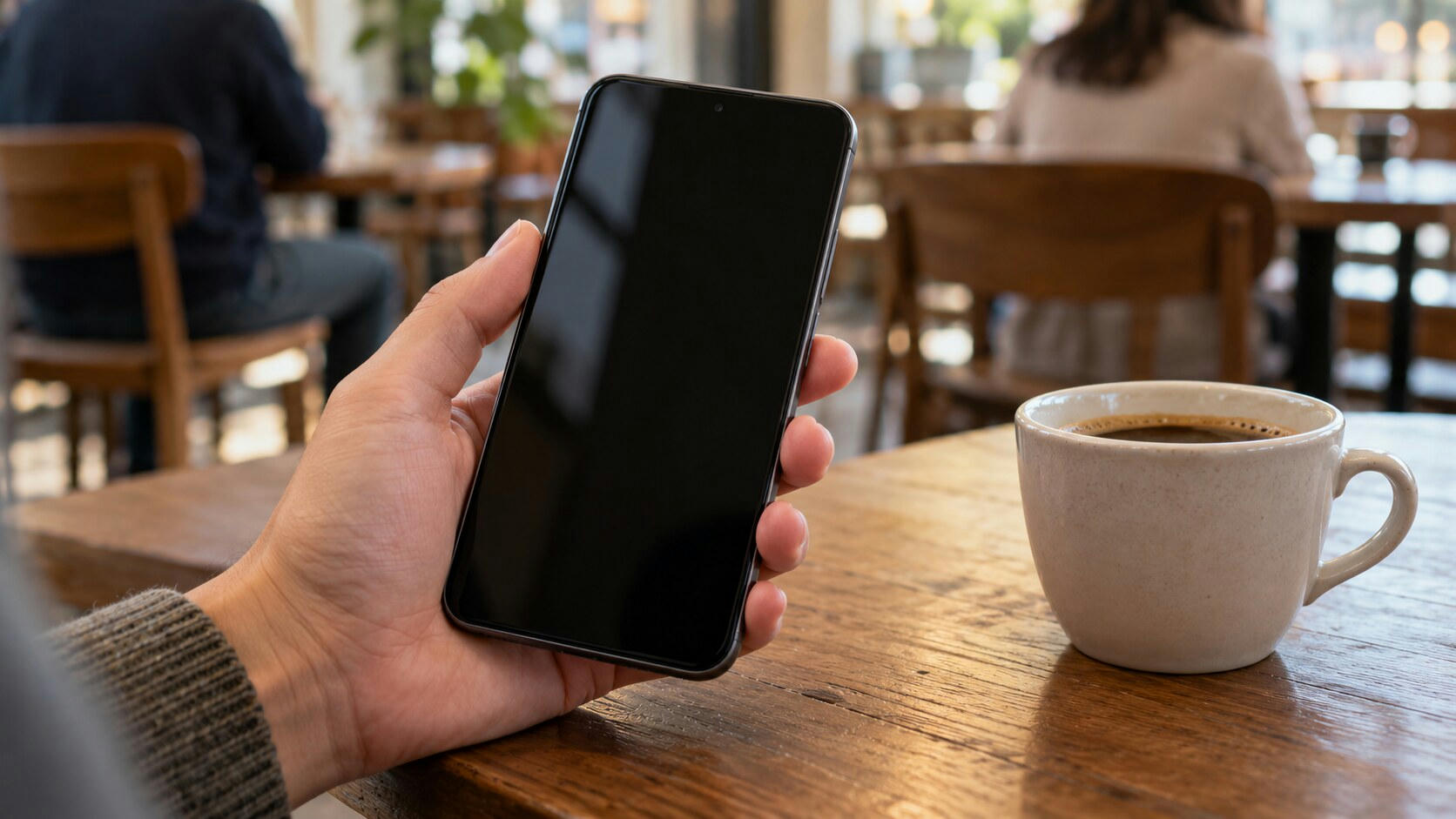 Synthetic editorial illustration. A hand holds a smartphone with a completely dark screen above a wooden cafe table. A plain ceramic coffee cup sits beside it, with seated people viewed from behind softly blurred in the background.