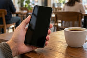 Synthetic editorial illustration. A hand holds a smartphone with a completely dark screen above a wooden cafe table. A plain ceramic coffee cup sits beside it, with seated people viewed from behind softly blurred in the background.