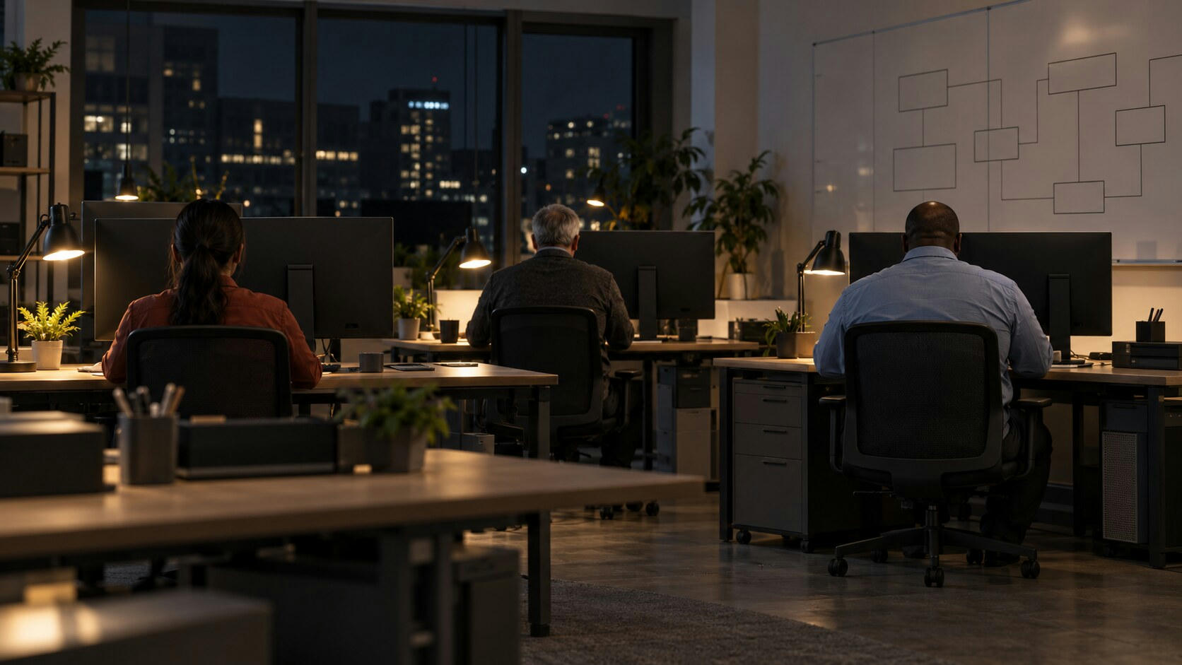 Synthetic editorial illustration. An engineering office at night. Three engineers seen from behind sit at desks with monitor backs facing the camera, beside a whiteboard of unlabelled connected rectangles and softly lit windows.