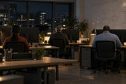 Synthetic editorial illustration. An engineering office at night. Three engineers seen from behind sit at desks with monitor backs facing the camera, beside a whiteboard of unlabelled connected rectangles and softly lit windows.