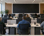 Synthetic editorial illustration. An operations office. Staff seen from behind sit at rows of desks with monitor backs facing the camera and a large dark wall display ahead, in a bright windowed room.