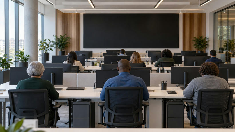 Synthetic editorial illustration. An operations office. Staff seen from behind sit at rows of desks with monitor backs facing the camera and a large dark wall display ahead, in a bright windowed room.