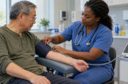 Synthetic editorial illustration. A clinician adjusts an upper-arm blood-pressure cuff on a seated patient with the arm supported.