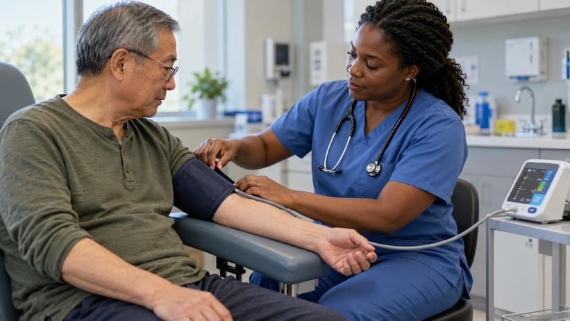 Synthetic editorial illustration. A clinician adjusts an upper-arm blood-pressure cuff on a seated patient with the arm supported.