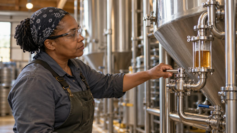 Synthetic editorial illustration. A brewery worker holds a valve handle beside a liquid-filled sight glass on connected tank pipework.