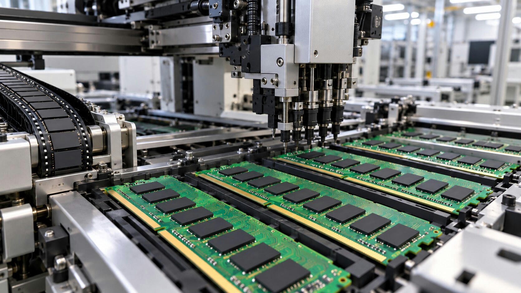 Synthetic editorial illustration. Rows of green memory boards with blank black chip packages and gold contacts sit beneath a pick-and-place head. A curved feeder tape holds more plain chips beside the stainless assembly machinery.