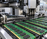 Synthetic editorial illustration. Rows of green memory boards with blank black chip packages and gold contacts sit beneath a pick-and-place head. A curved feeder tape holds more plain chips beside the stainless assembly machinery.