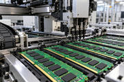 Synthetic editorial illustration. Rows of green memory boards with blank black chip packages and gold contacts sit beneath a pick-and-place head. A curved feeder tape holds more plain chips beside the stainless assembly machinery.