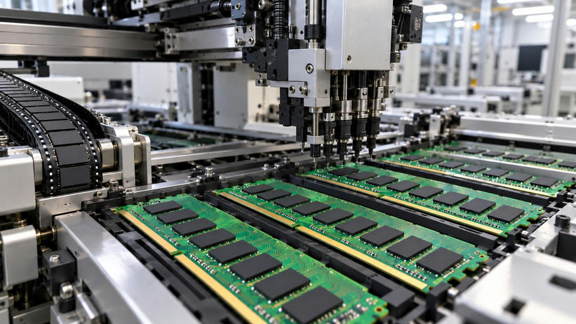 Synthetic editorial illustration. Rows of green memory boards with blank black chip packages and gold contacts sit beneath a pick-and-place head. A curved feeder tape holds more plain chips beside the stainless assembly machinery.