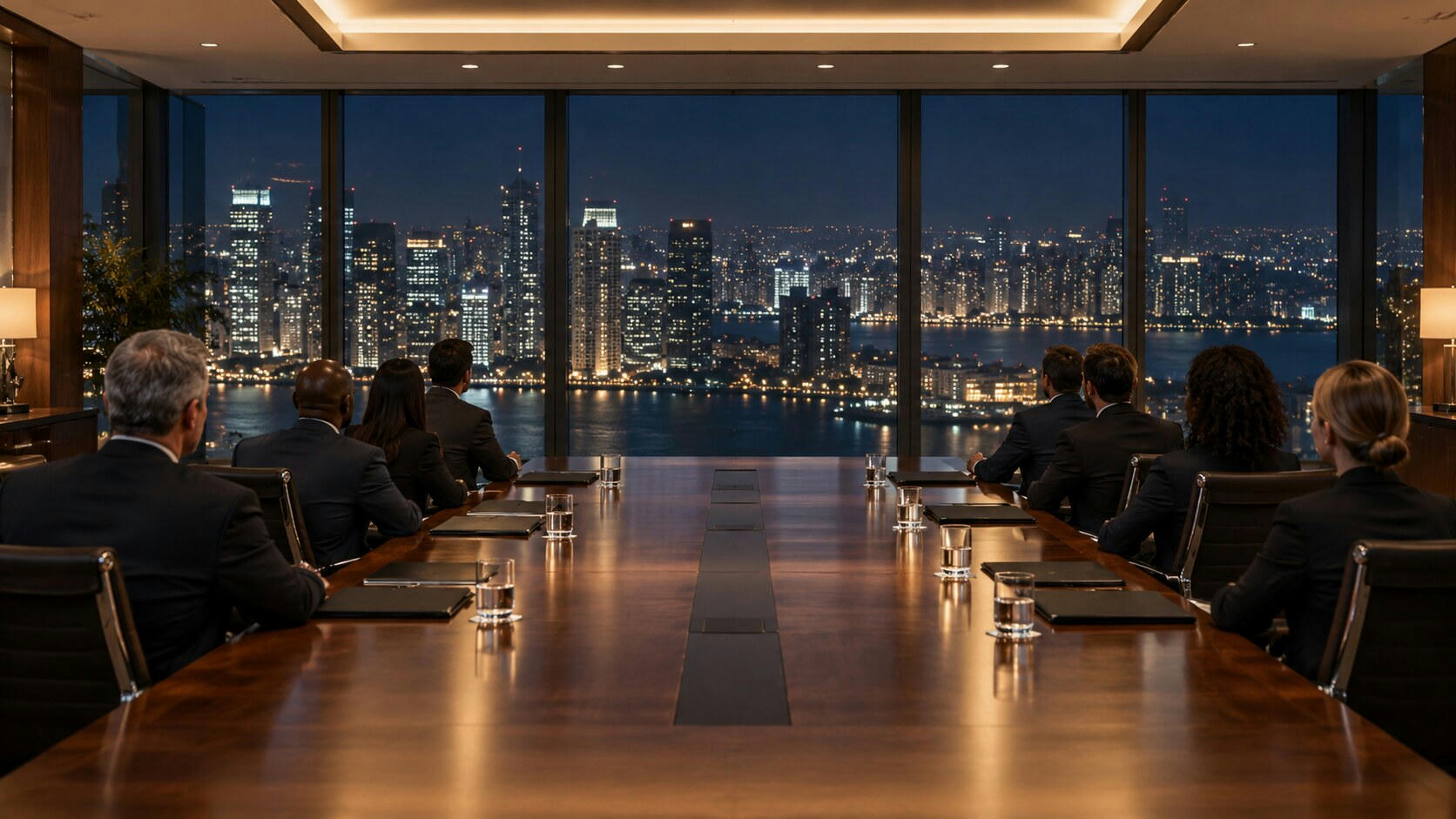 Synthetic editorial illustration. A boardroom. Two rear-facing groups sit along a long polished table with closed folders and water glasses, under warm ceiling lights facing a broad night-time city view.