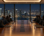Synthetic editorial illustration. A boardroom. Two rear-facing groups sit along a long polished table with closed folders and water glasses, under warm ceiling lights facing a broad night-time city view.