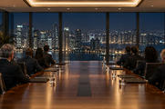 Synthetic editorial illustration. A boardroom. Two rear-facing groups sit along a long polished table with closed folders and water glasses, under warm ceiling lights facing a broad night-time city view.
