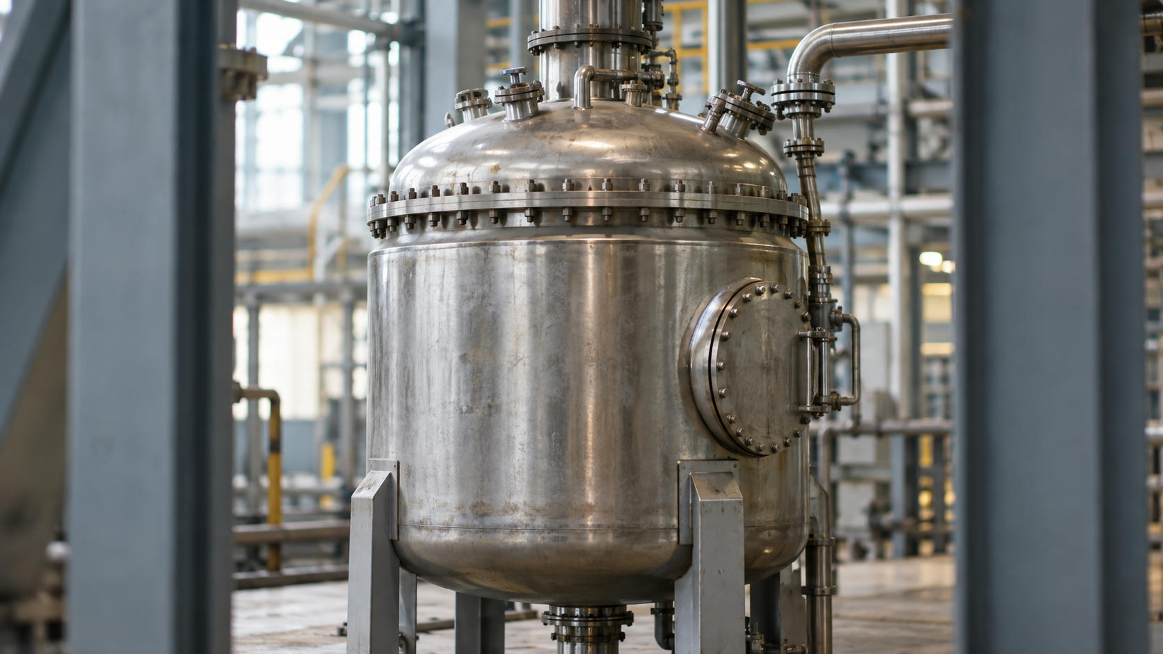 Synthetic editorial illustration. One sealed stainless industrial process vessel, inspection hatch and pipe connections in an anonymous processing hall, framed between structural supports.