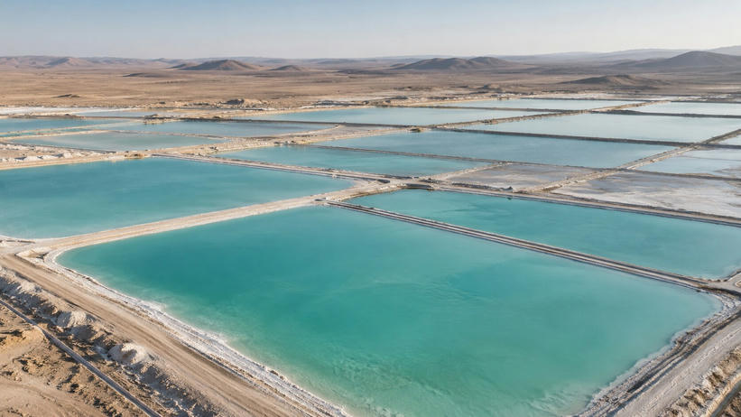 Synthetic editorial illustration. Broad turquoise evaporation ponds are divided by narrow pale earth berms across an arid plain. A low aerial view reveals varied blue-green water and distant barren hills under hazy daylight.