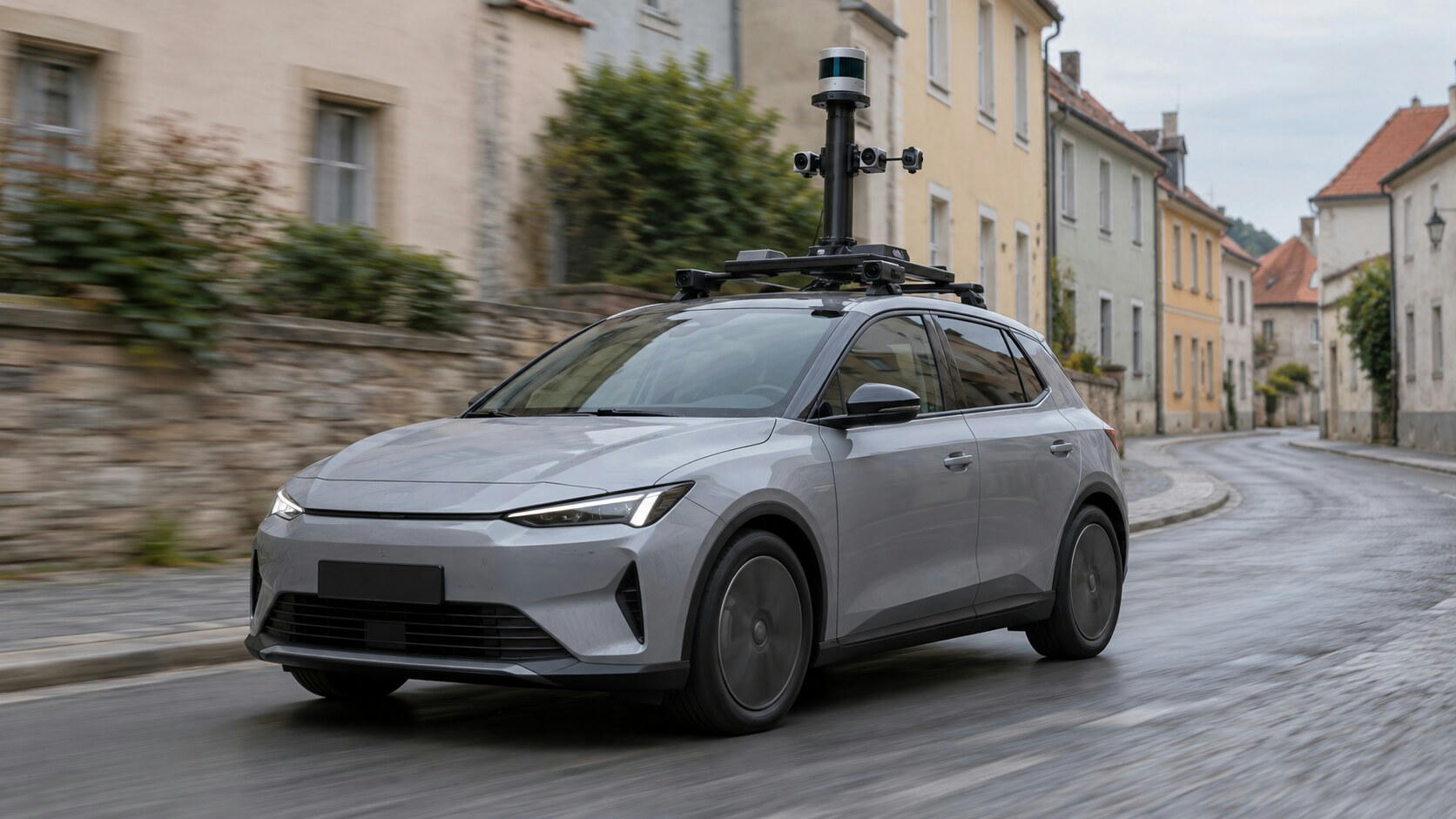 Synthetic editorial illustration. A plain grey car carries a tall roof-mounted mast with cameras and a cylindrical sensor through a quiet town street. Modest motion blur runs past unmarked plaster facades and a stone wall under overcast light.