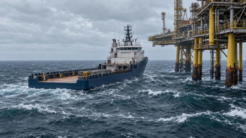 Synthetic editorial illustration. An offshore work site. A blue supply vessel with an open aft deck sits alongside a steel platform above choppy waves and whitecaps under an overcast sky.