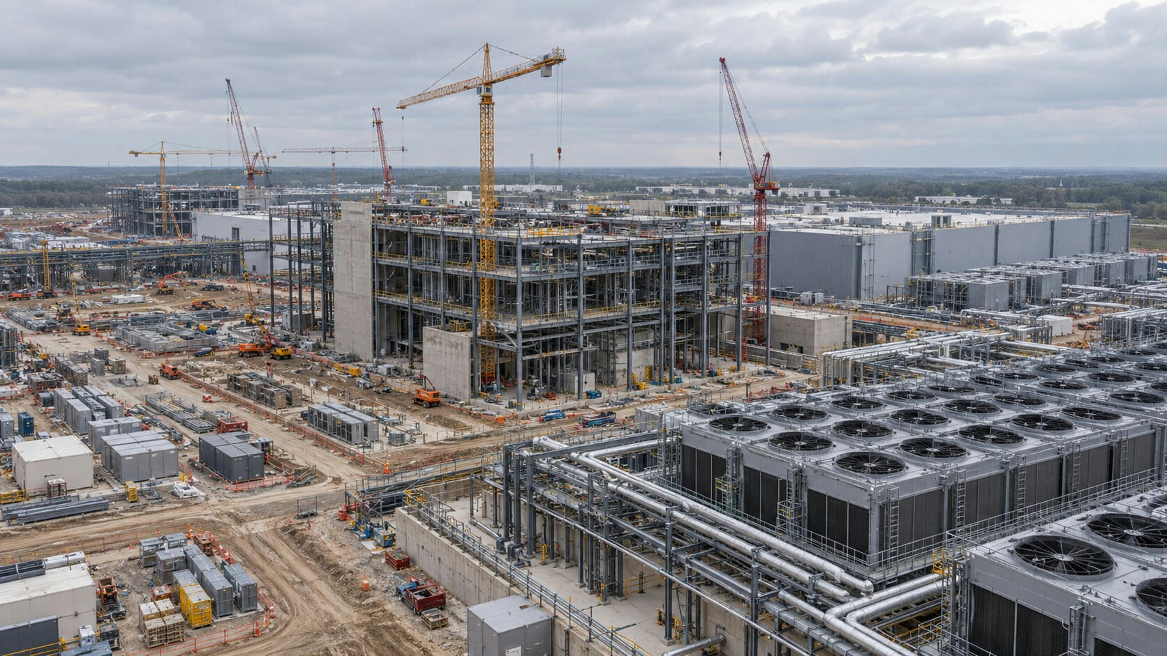 Synthetic editorial illustration. A data-centre construction site contains steel-framed buildings and tower cranes. Cooling units, exposed pipes and stacked materials fill the broad site beneath an overcast sky.