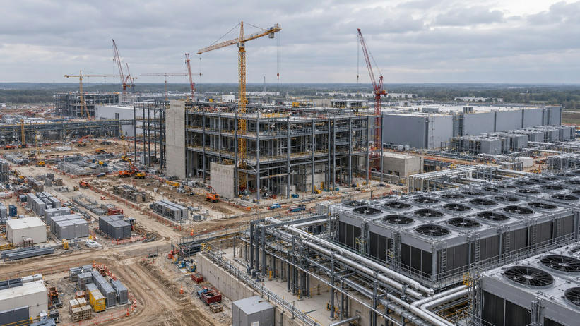 Synthetic editorial illustration. A data-centre construction site contains steel-framed buildings and tower cranes. Cooling units, exposed pipes and stacked materials fill the broad site beneath an overcast sky.