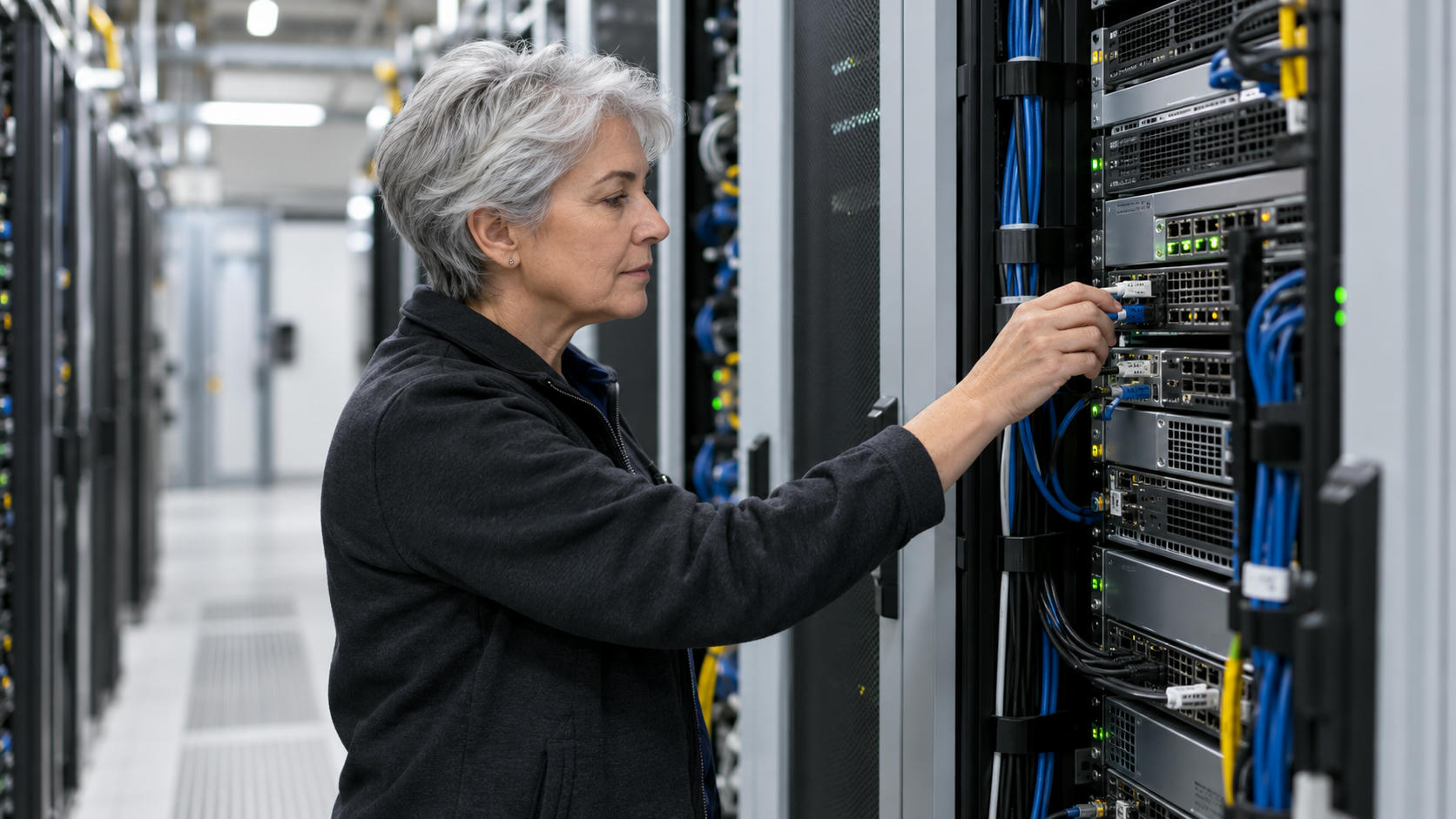 Synthetic editorial illustration. A silver-haired technician checks a cable connector on installed equipment inside an open server rack. Organised blue cables and other cabinets extend along the aisle.
