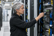 Synthetic editorial illustration. A silver-haired technician checks a cable connector on installed equipment inside an open server rack. Organised blue cables and other cabinets extend along the aisle.