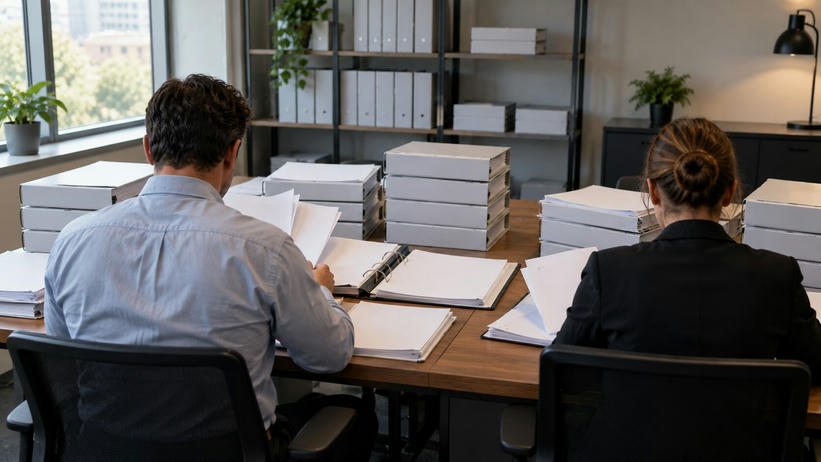 Synthetic editorial illustration. Two people viewed from behind review blank sheets in open binders at a wooden office table. Stacks of plain white binders and shelves of unmarked files surround them in soft daylight.