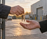 Synthetic editorial illustration. Two cropped adults exchange a small key ring at a plain industrial-property entrance.