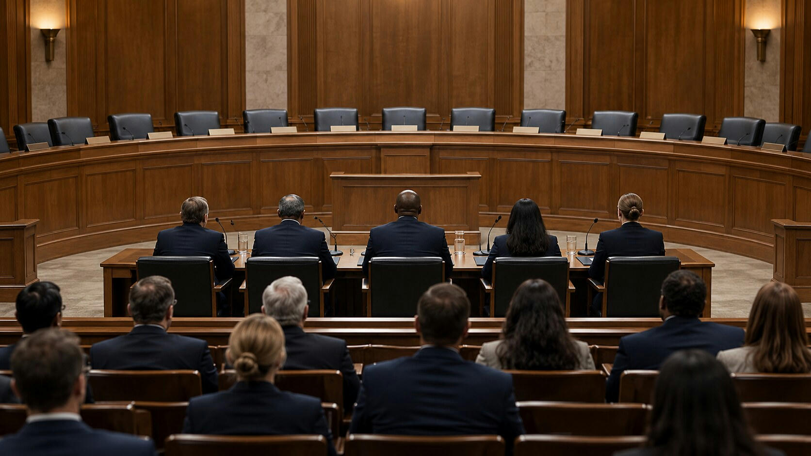 Synthetic editorial illustration. A legislative hearing room. Witnesses and attendees seen from behind face a raised curved dais with empty chairs, blank nameplates and microphones against wood-panelled walls.