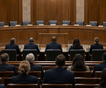 Synthetic editorial illustration. A legislative hearing room. Witnesses and attendees seen from behind face a raised curved dais with empty chairs, blank nameplates and microphones against wood-panelled walls.