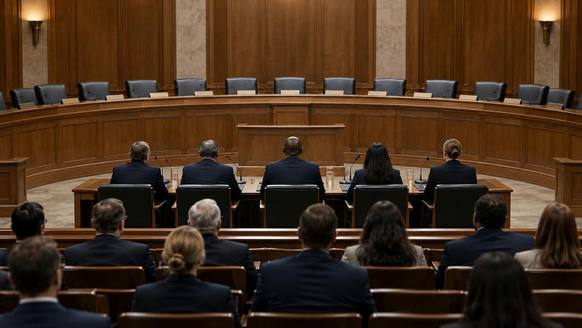 Synthetic editorial illustration. A legislative hearing room. Witnesses and attendees seen from behind face a raised curved dais with empty chairs, blank nameplates and microphones against wood-panelled walls.