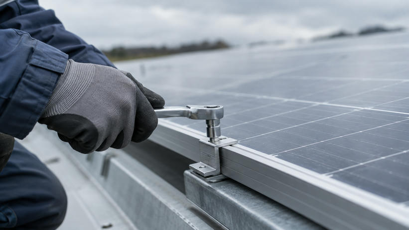 Synthetic editorial illustration. A gloved hand uses a ratchet on a metal mounting clamp at the edge of a photovoltaic panel, with the array softly receding behind.