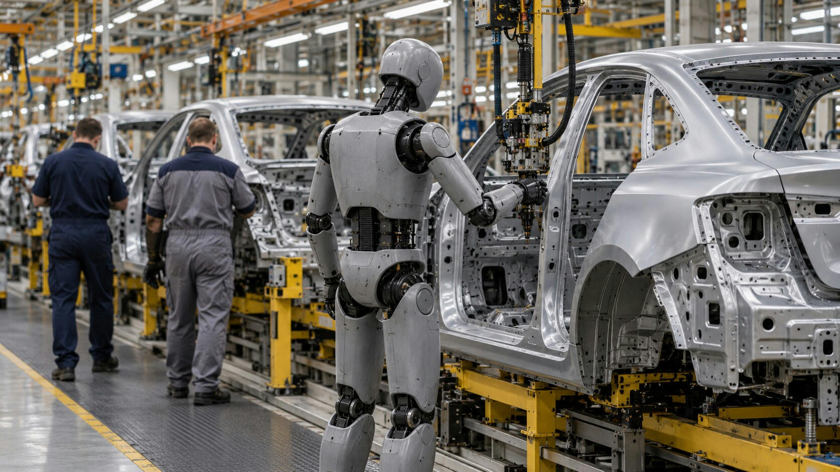 Synthetic editorial illustration. A car assembly line. A grey articulated humanoid robot stands beside a bare metal vehicle shell and suspended tools, while two rear-facing workers in plain coveralls walk along the adjacent aisle.