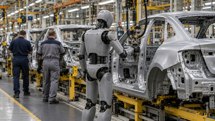 Synthetic editorial illustration. A car assembly line. A grey articulated humanoid robot stands beside a bare metal vehicle shell and suspended tools, while two rear-facing workers in plain coveralls walk along the adjacent aisle.