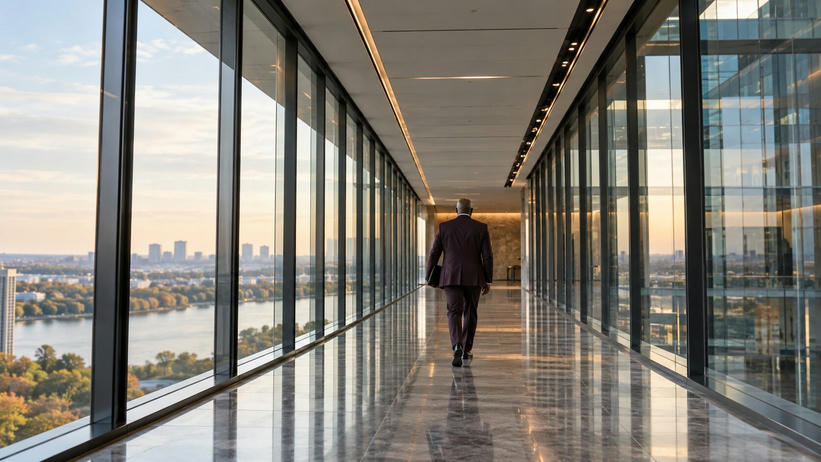 Synthetic editorial illustration. A glass office corridor overlooks water and a distant city. A rear-facing suited person carrying a dark folder walks away along the reflective stone floor.