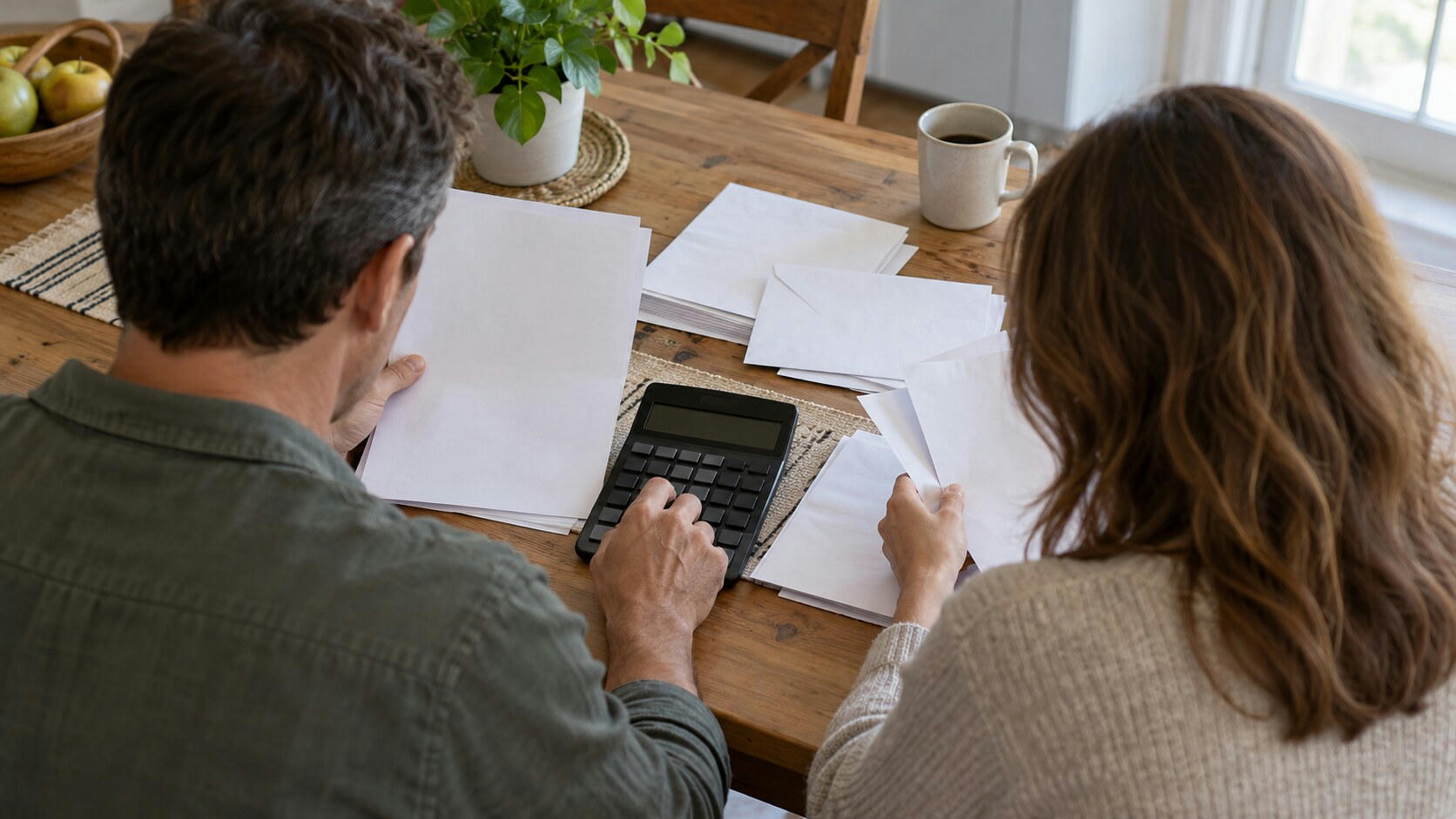 Synthetic editorial illustration. Two people viewed from behind handle blank papers and envelopes at a wooden kitchen table. One uses a calculator with unmarked keys and a dark display beside a plain mug and a potted plant.