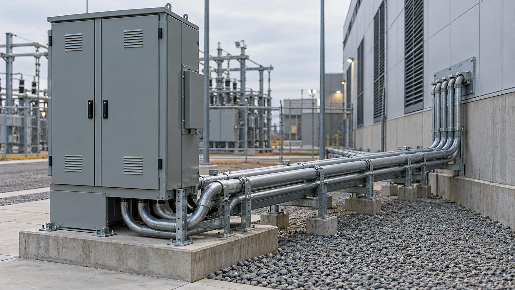 Synthetic editorial illustration. A deployed electrical cabinet feeds multiple supported conduit runs into a facility wall, with switchyard equipment behind.