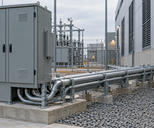 Synthetic editorial illustration. A deployed electrical cabinet feeds multiple supported conduit runs into a facility wall, with switchyard equipment behind.