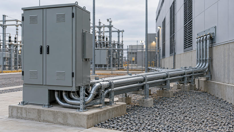 Synthetic editorial illustration. A deployed electrical cabinet feeds multiple supported conduit runs into a facility wall, with switchyard equipment behind.